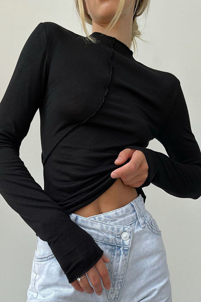 Tops casuales de cuello alto liso de media manga con simplicidad