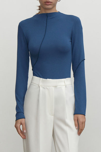 Tops casuales de cuello alto liso de media manga con simplicidad