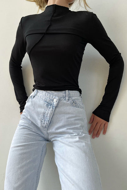 Tops casuales de cuello alto liso de media manga con simplicidad