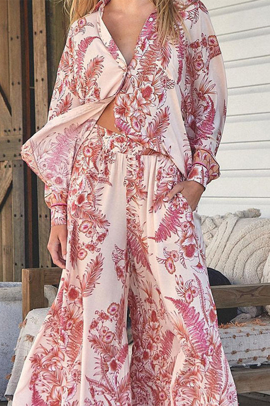 Conjunto informal de dos piezas con cuello vuelto, manga larga y bolsillo estampado