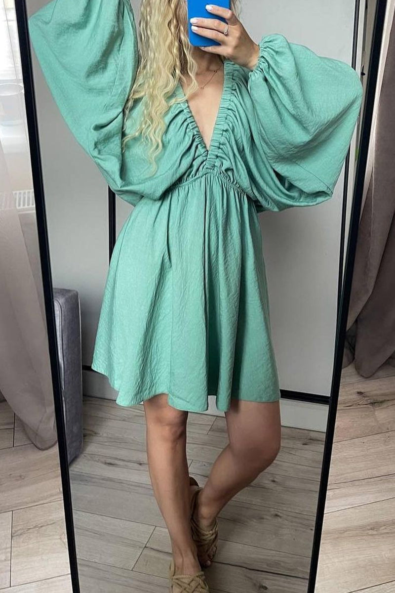 Vestidos de manga larga con escote en V, sexys, sencillos, lisos, con volantes y pliegues