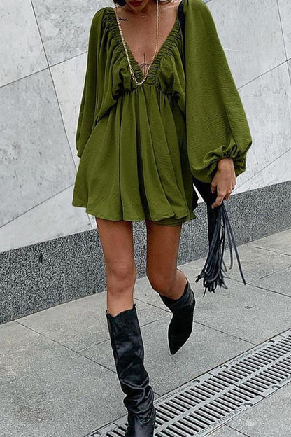 Vestidos de manga larga con escote en V, sexys, sencillos, lisos, con volantes y pliegues