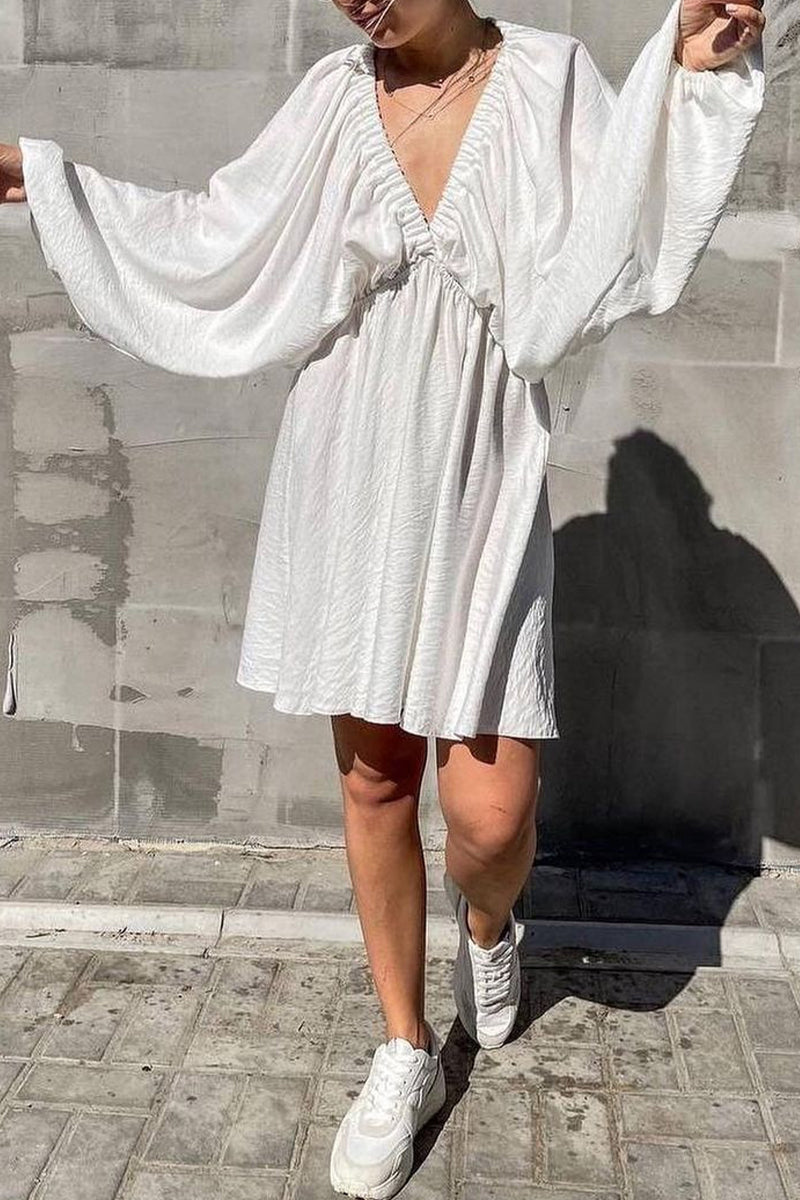 Vestidos de manga larga con escote en V, sexys, sencillos, lisos, con volantes y pliegues