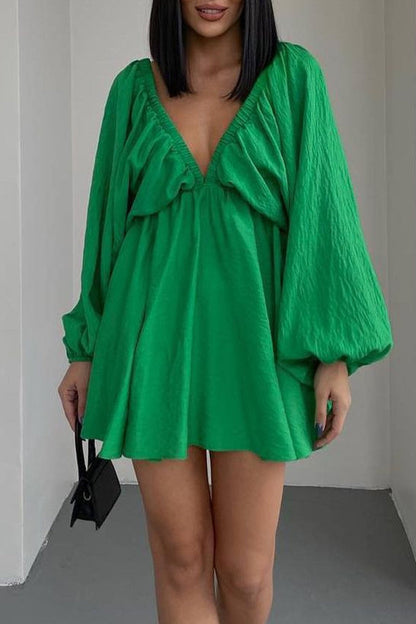 Vestidos de manga larga con escote en V, sexys, sencillos, lisos, con volantes y pliegues