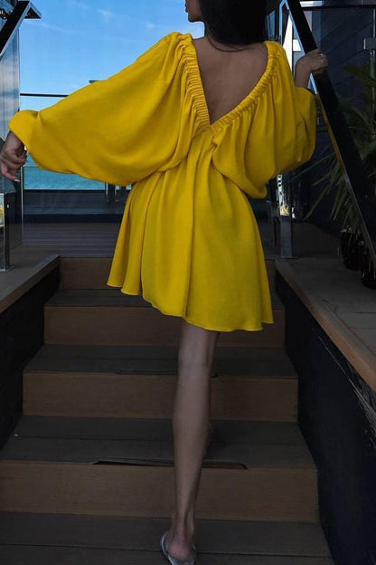 Vestidos de manga larga con escote en V, sexys, sencillos, lisos, con volantes y pliegues