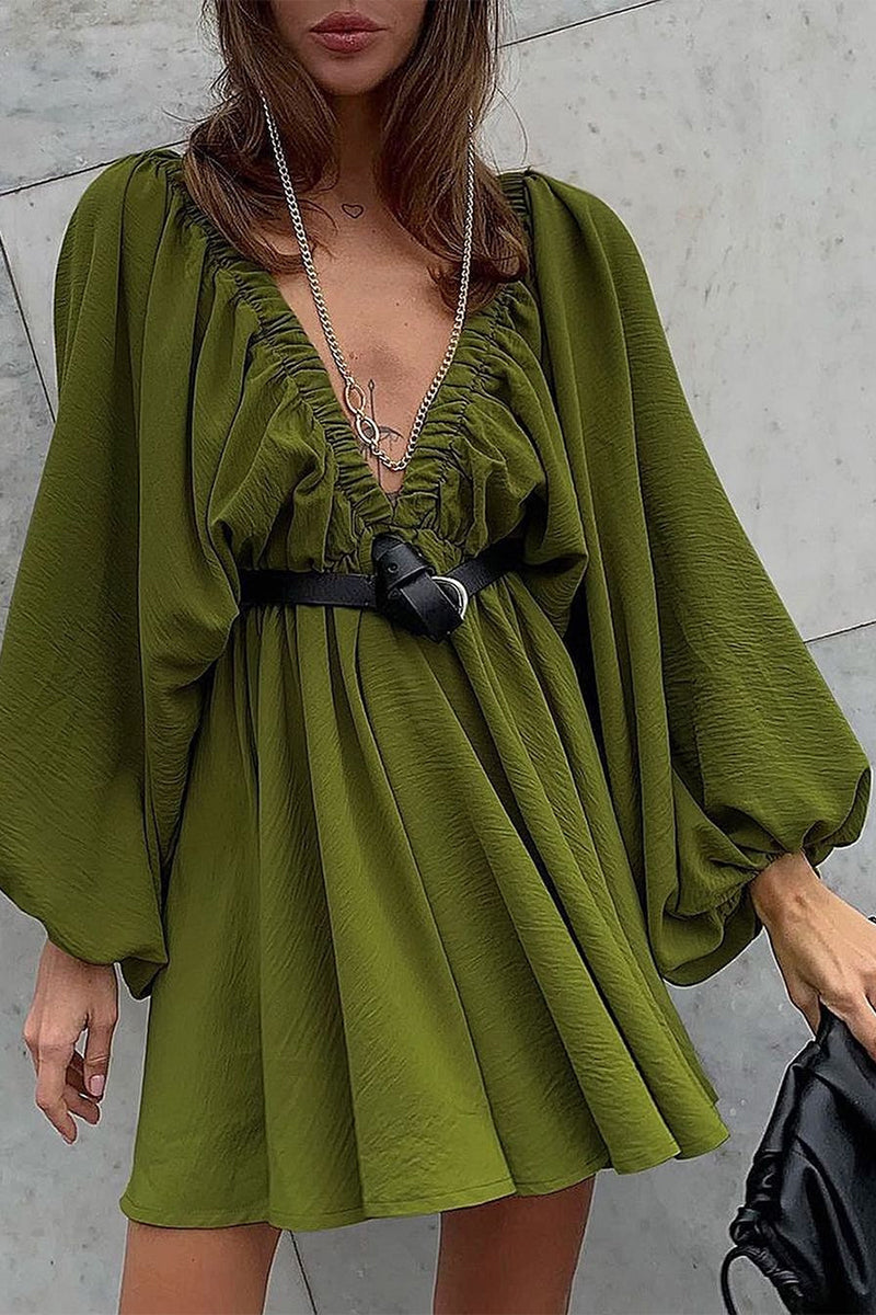 Vestidos de manga larga con escote en V, sexys, sencillos, lisos, con volantes y pliegues