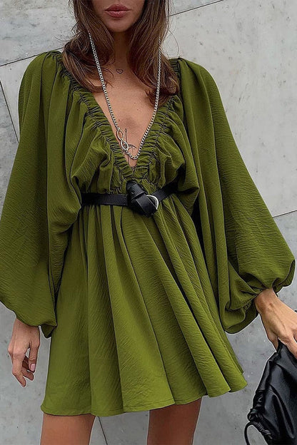 Vestidos de manga larga con escote en V, sexys, sencillos, lisos, con volantes y pliegues