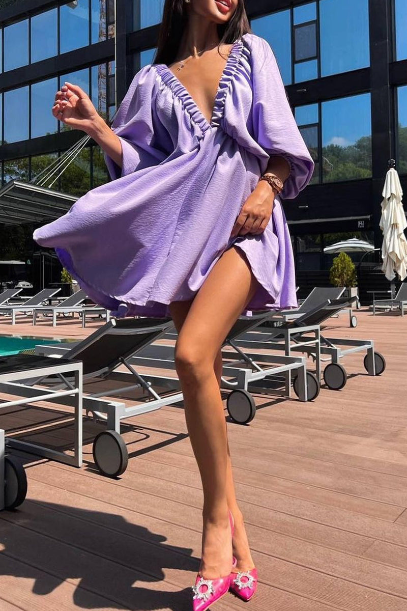 Vestidos de manga larga con escote en V, sexys, sencillos, lisos, con volantes y pliegues