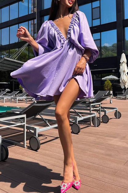 Vestidos de manga larga con escote en V, sexys, sencillos, lisos, con volantes y pliegues