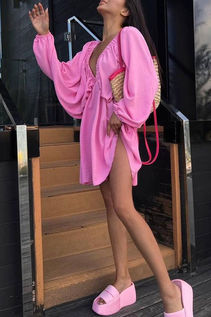 Vestidos de manga larga con escote en V, sexys, sencillos, lisos, con volantes y pliegues