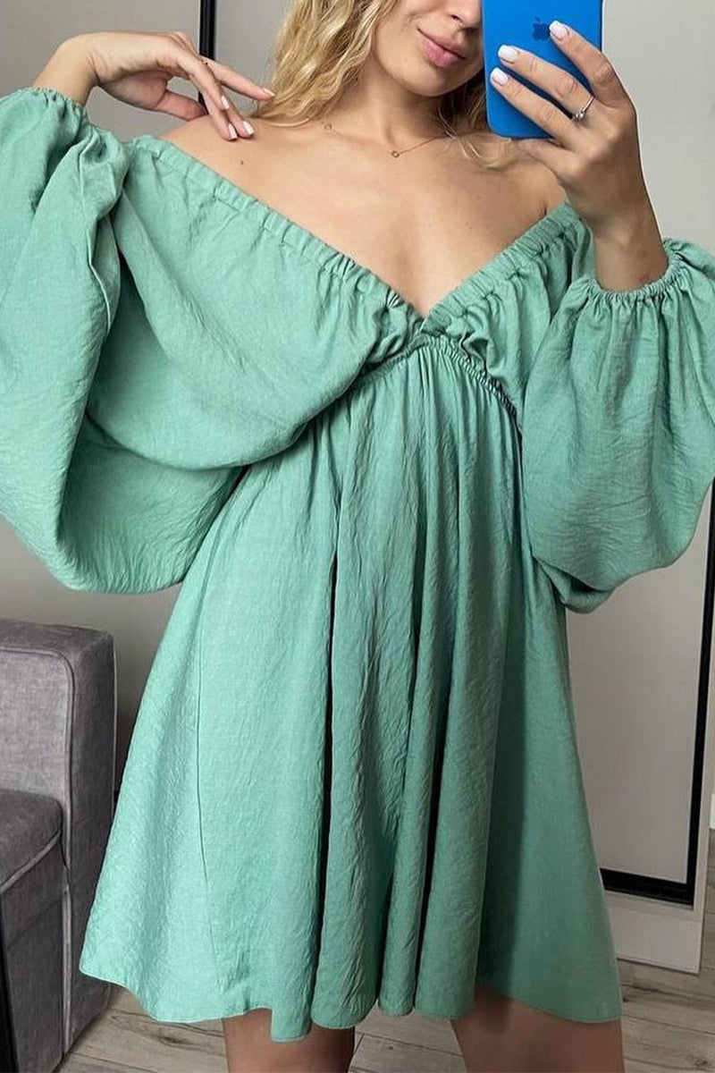 Vestidos de manga larga con escote en V, sexys, sencillos, lisos, con volantes y pliegues