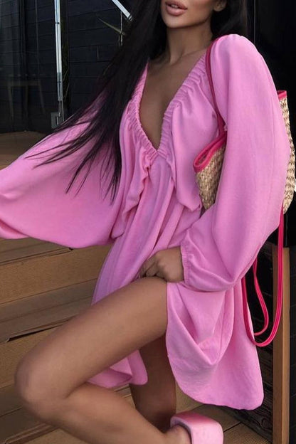 Vestidos de manga larga con escote en V, sexys, sencillos, lisos, con volantes y pliegues