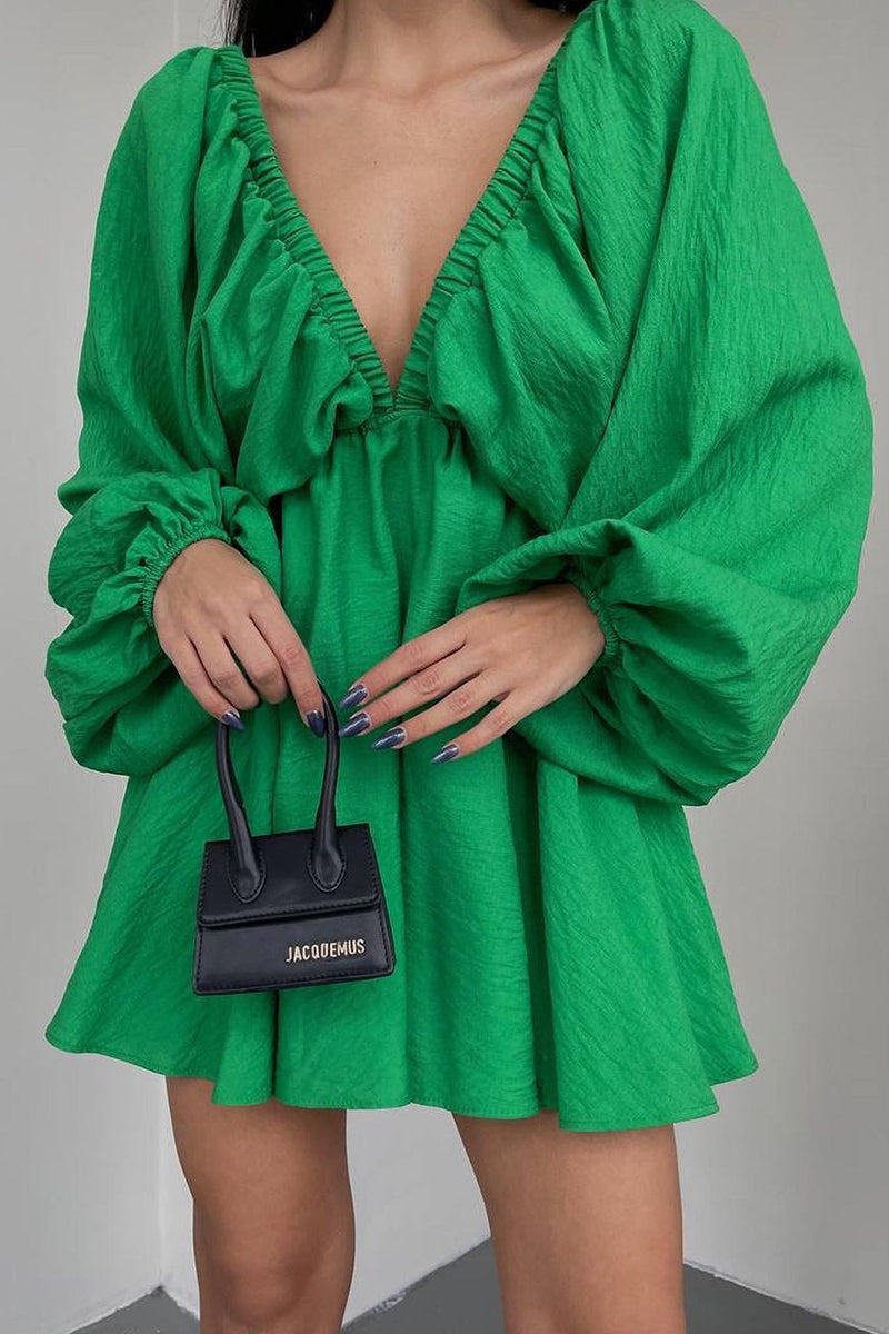 Vestidos de manga larga con escote en V, sexys, sencillos, lisos, con volantes y pliegues