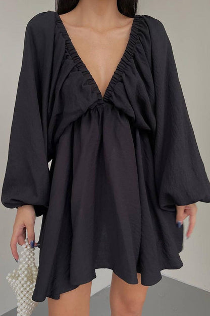 Vestidos de manga larga con escote en V, sexys, sencillos, lisos, con volantes y pliegues