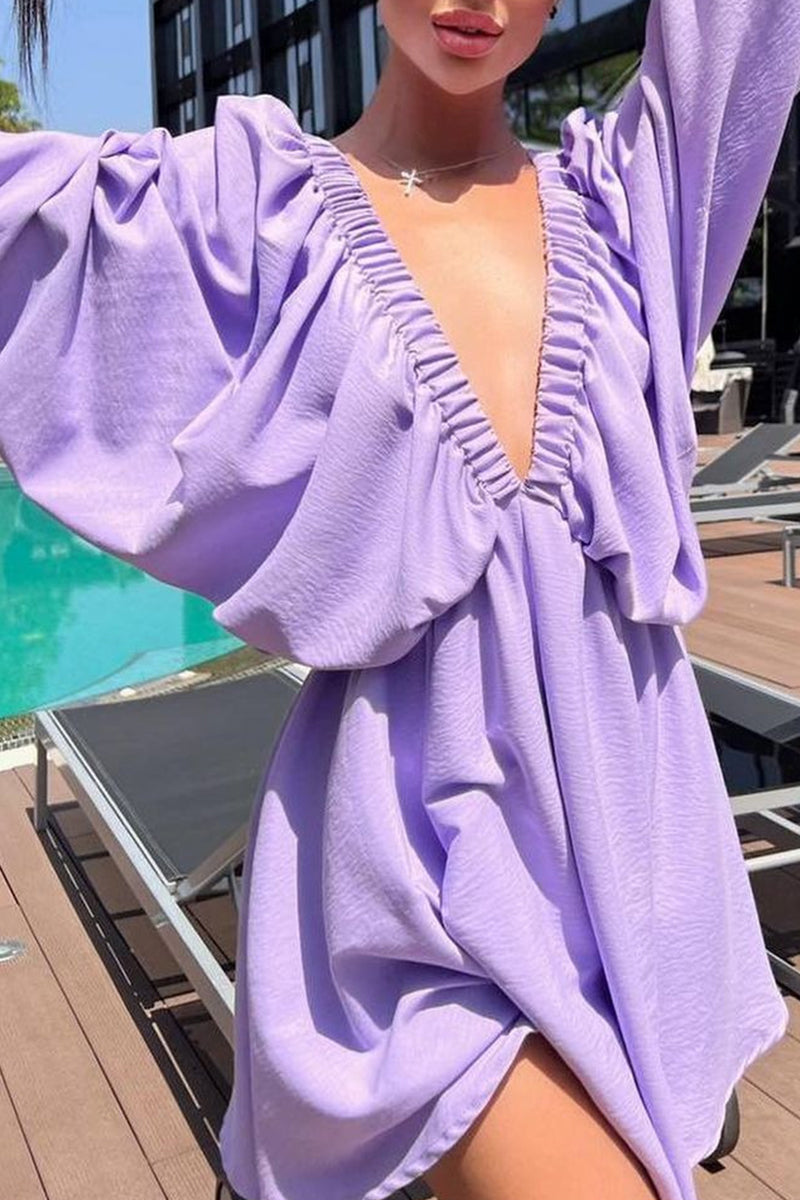 Vestidos de manga larga con escote en V, sexys, sencillos, lisos, con volantes y pliegues