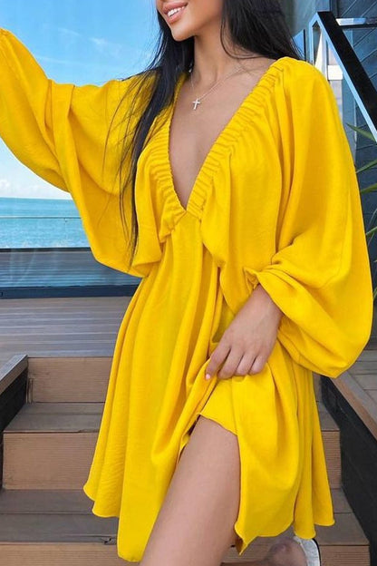 Vestidos de manga larga con escote en V, sexys, sencillos, lisos, con volantes y pliegues