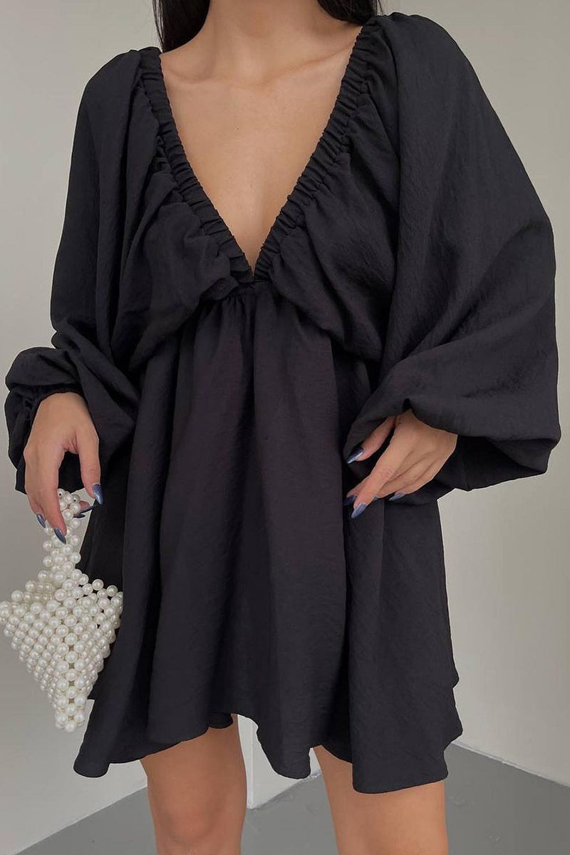 Vestidos de manga larga con escote en V, sexys, sencillos, lisos, con volantes y pliegues