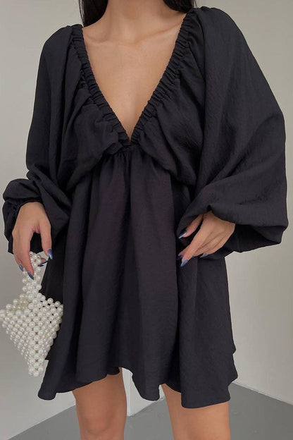 Vestidos de manga larga con escote en V, sexys, sencillos, lisos, con volantes y pliegues