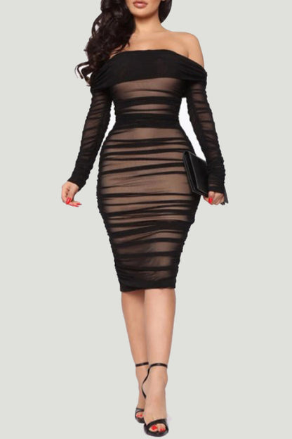 Vestidos sexis de manga larga con hombros descubiertos y patchwork liso