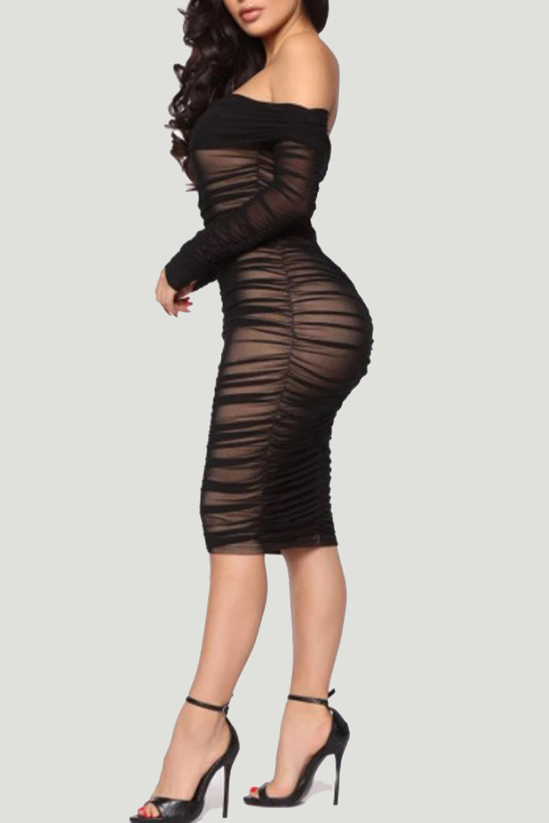 Vestidos sexis de manga larga con hombros descubiertos y patchwork liso