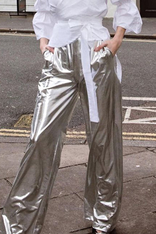 Pantalones de calle con bolsillos sólidos, sueltos, de cintura alta, con pierna ancha y color liso