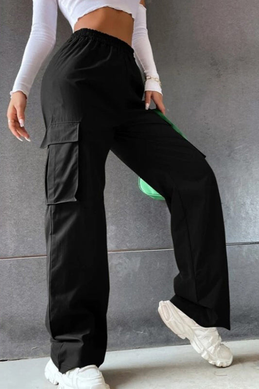 Pantalones rectos de cintura media, holgados, con bolsillos sólidos, de color liso