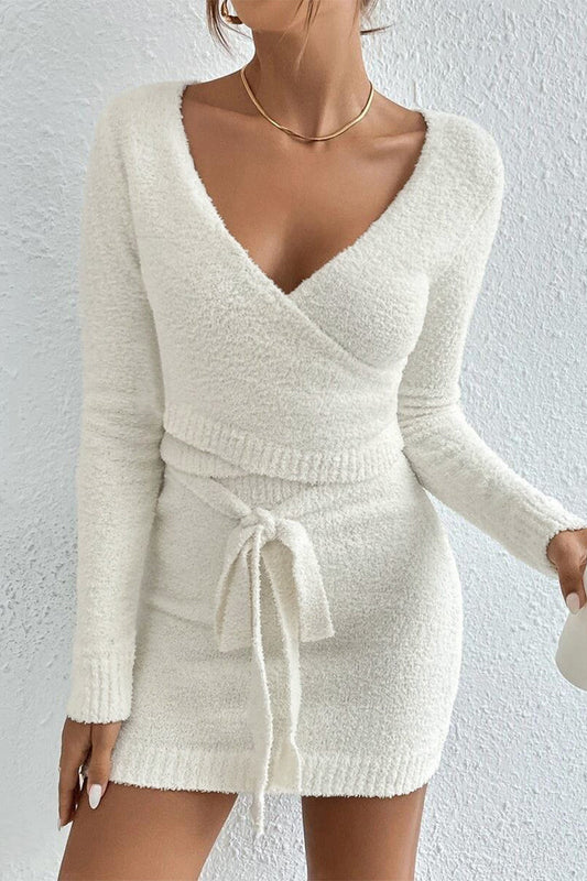 Conjunto informal de dos piezas con cuello en V, manga larga y tirantes sólidos para calle