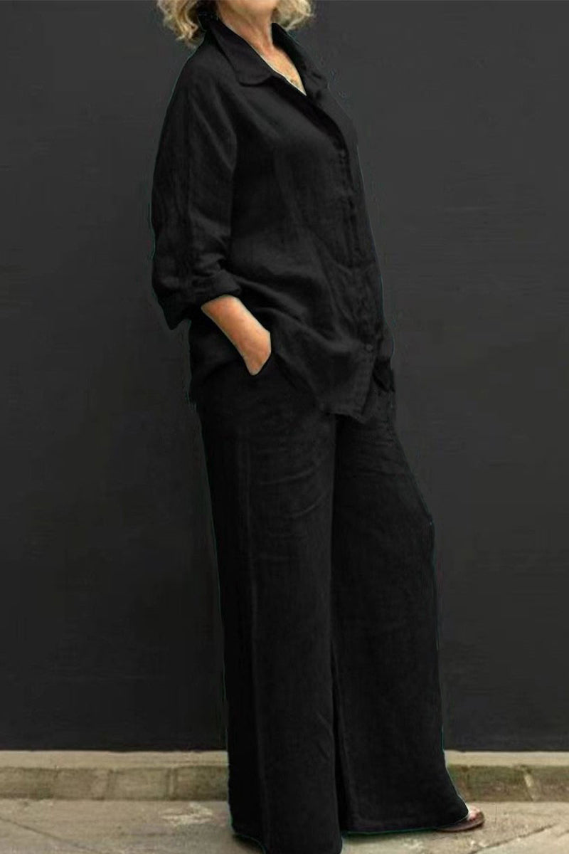Conjunto de dos piezas informal, sencillo, liso, con bolsillos, cuello vuelto y manga larga