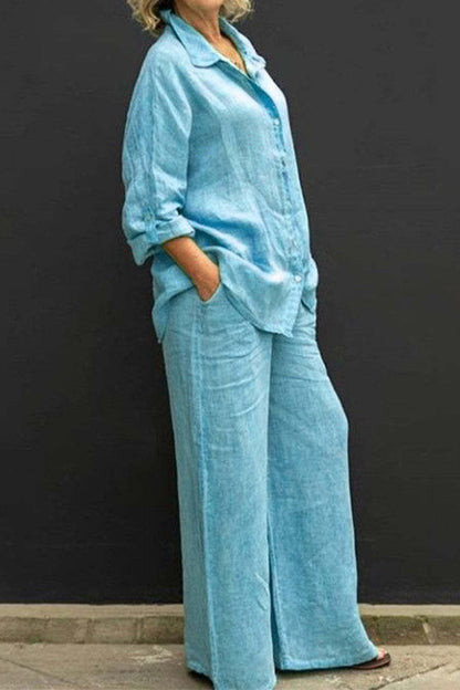Conjunto de dos piezas informal, sencillo, liso, con bolsillos, cuello vuelto y manga larga