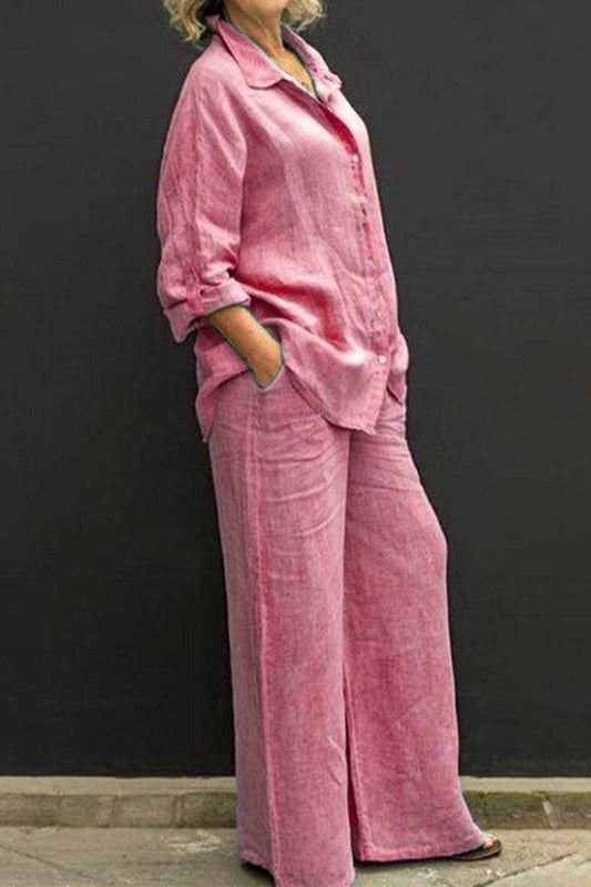 Conjunto informal sencillo de dos piezas con cuello vuelto, manga larga y bolsillos lisos (8 colores)