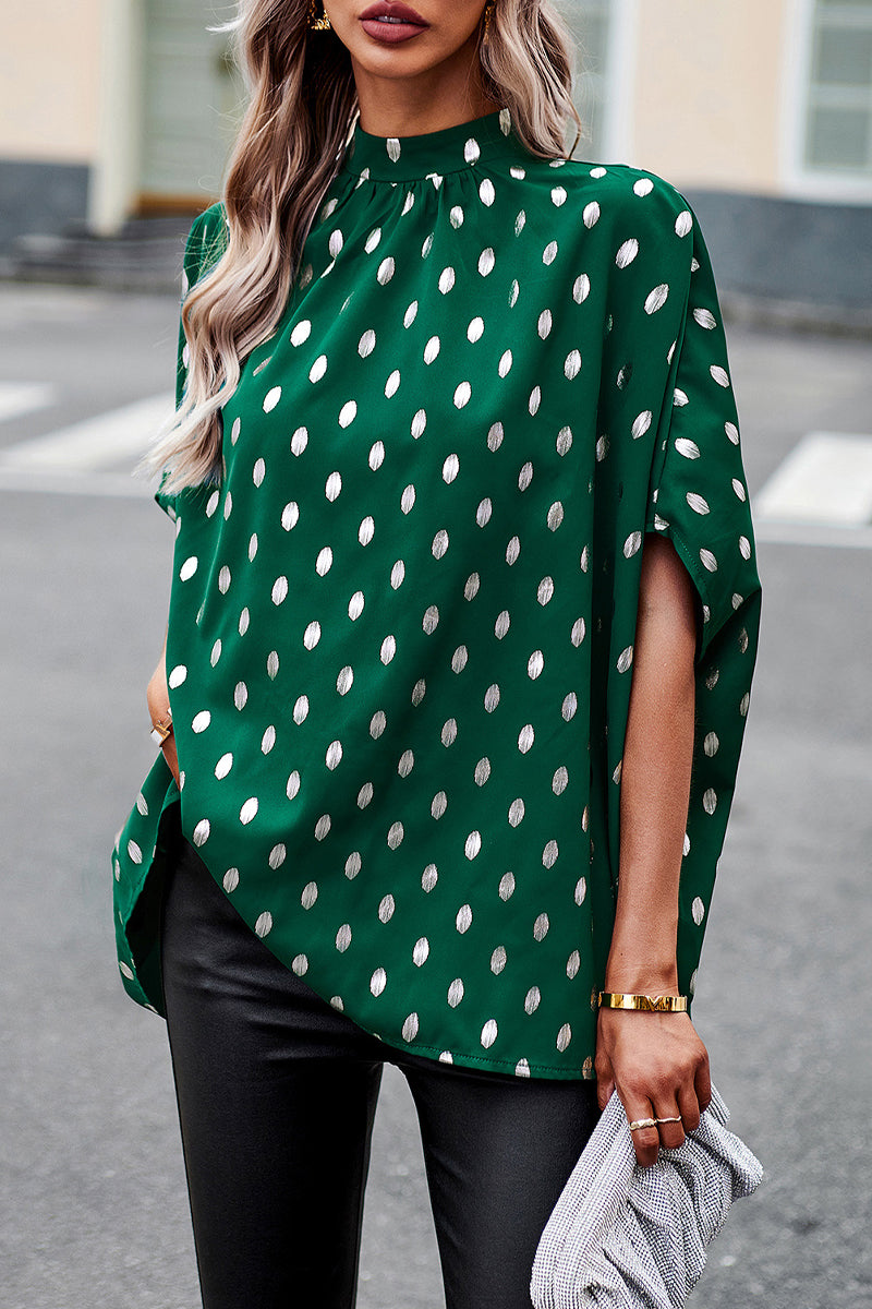 Blusa elegante de cuello mandarín con diseño de lunares estilo británico