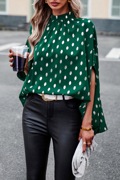 Blusa elegante de cuello mandarín con diseño de lunares estilo británico