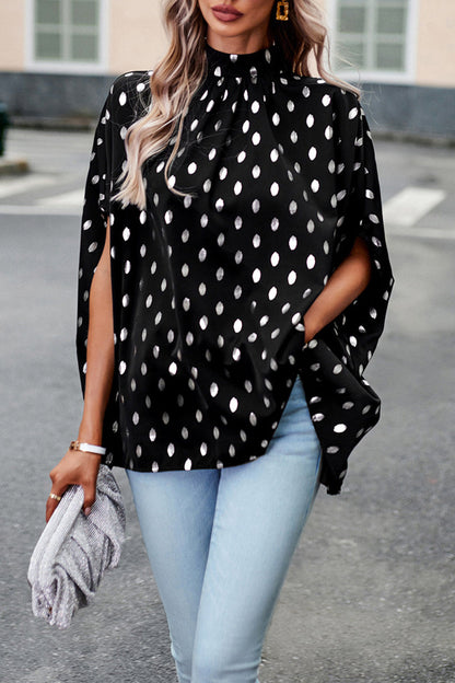 Blusa elegante de cuello mandarín con diseño de lunares estilo británico