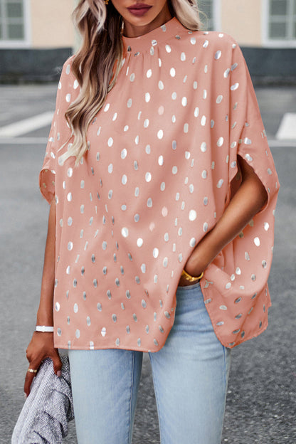 Blusa elegante de cuello mandarín con diseño de lunares estilo británico