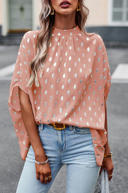 Blusa elegante de cuello mandarín con diseño de lunares estilo británico