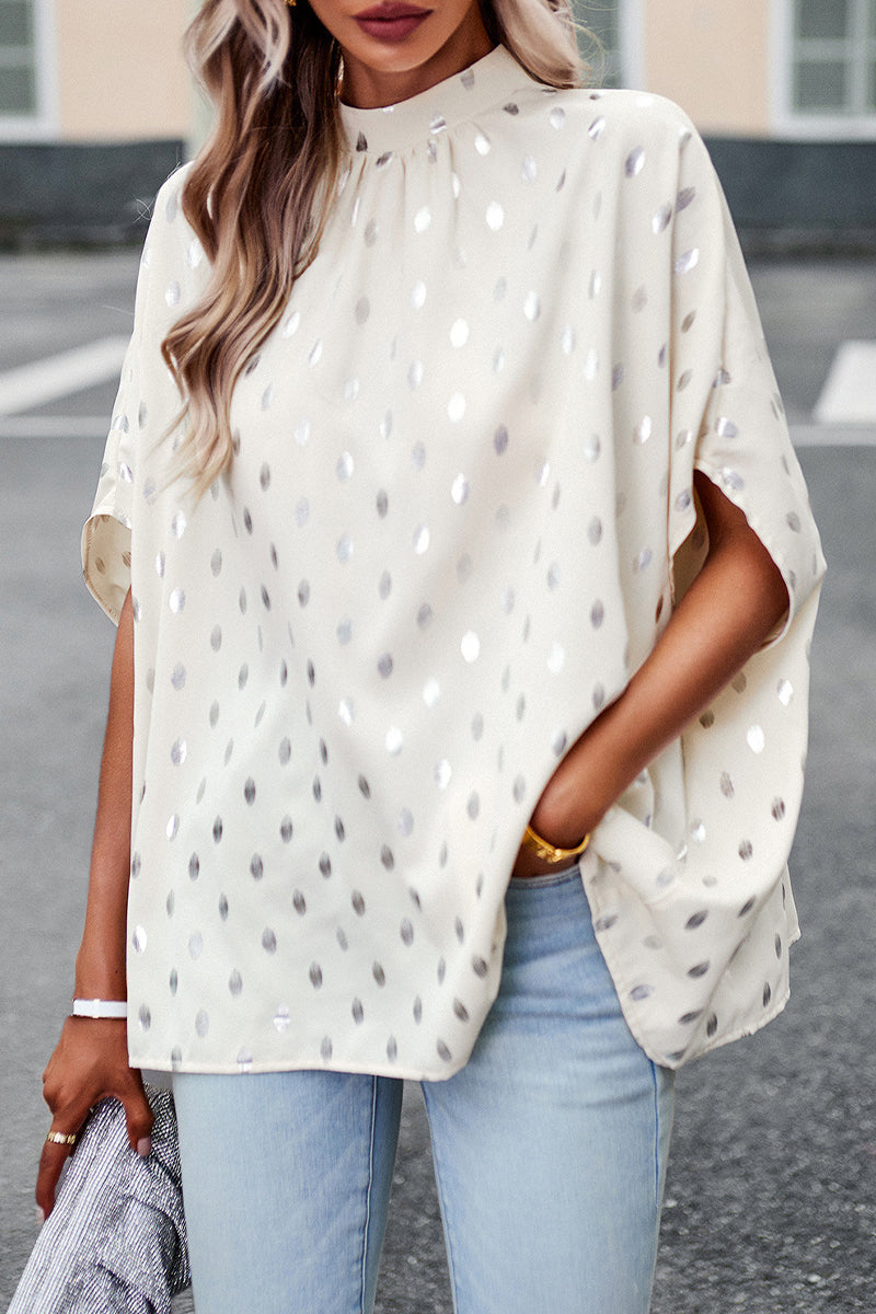 Blusa elegante de cuello mandarín con diseño de lunares estilo británico