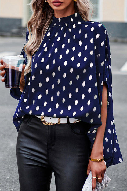 Blusa elegante de cuello mandarín con diseño de lunares estilo británico