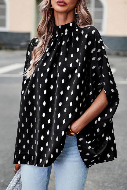 Blusa elegante de cuello mandarín con diseño de lunares estilo británico