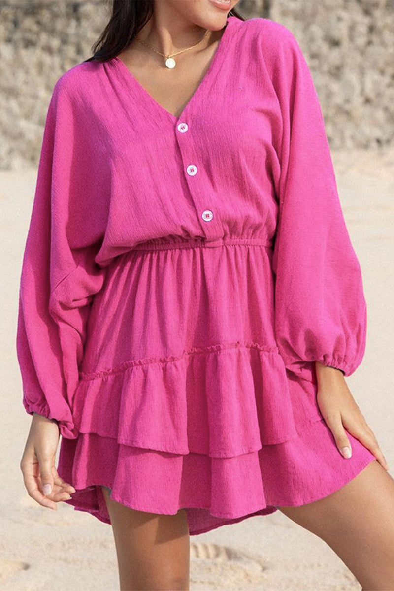 Vestidos sencillos de corte A con escote en V y botones lisos