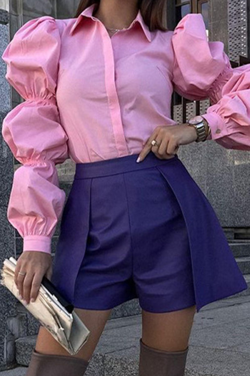 Blusas de trabajo estilo británico con cuello vuelto liso (3 colores)