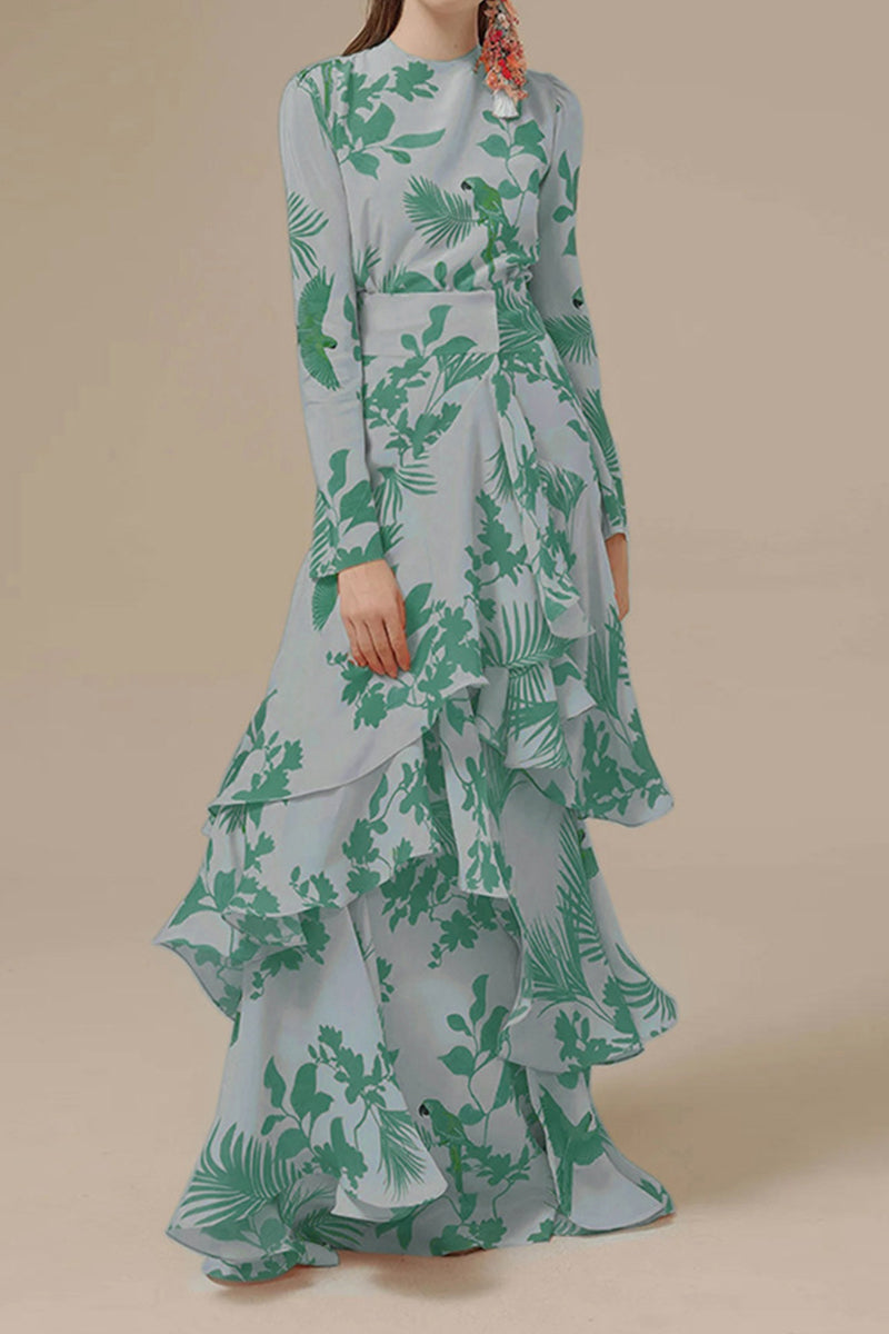 Elegante vestido asimétrico floral con cuello redondo irregular.