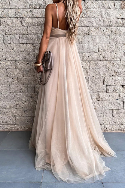 Vestido de noche sexy formal de malla sólida con cuello en V