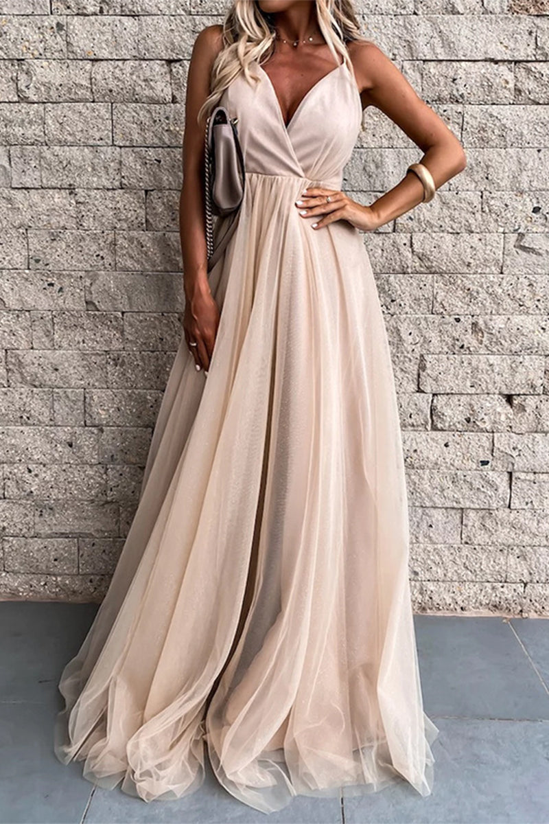 Vestido de noche sexy formal de malla sólida con cuello en V