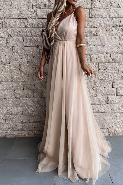 Vestido de noche sexy formal de malla sólida con cuello en V