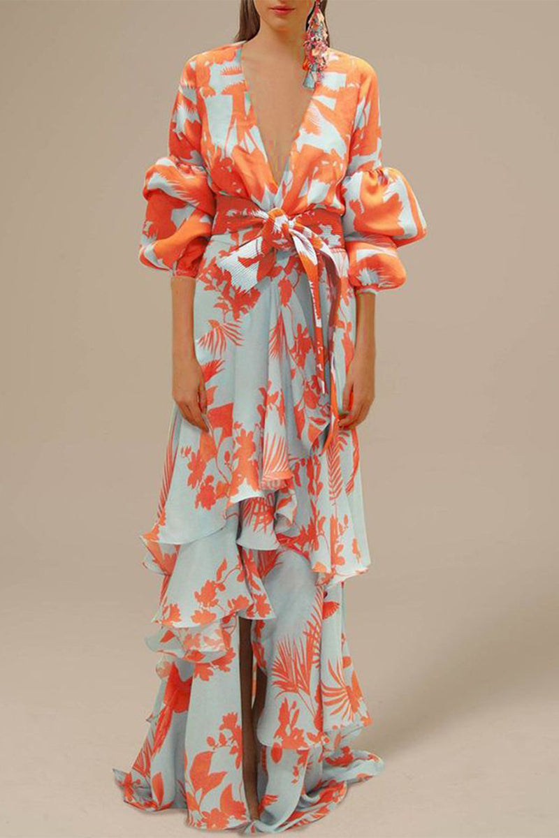 Elegante vestido irregular con cuello en V y patchwork floral