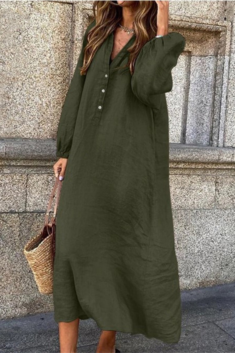 Vestidos casuales de manga larga con cuello en V y botones lisos