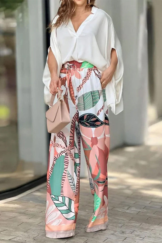 Celebridades Elegante Conjunto Floral con Cuello en V y Pliegues en Dos Piezas