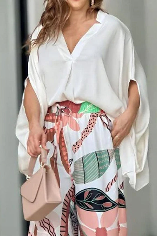 Celebridades Elegante Conjunto Floral con Cuello en V y Pliegues en Dos Piezas