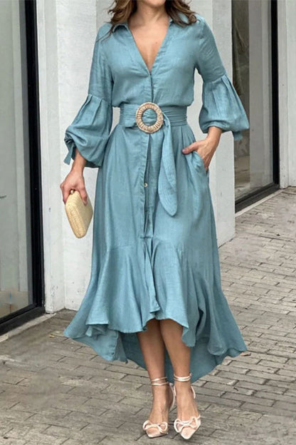 Vestidos de calle lisos con cinturón, escote en V y corte A