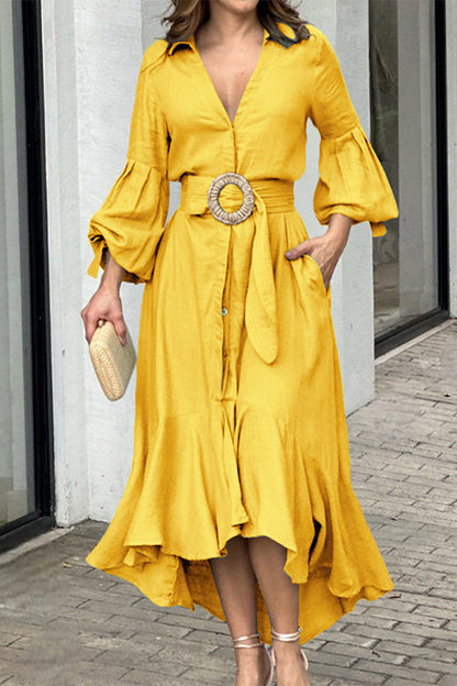 Vestidos de calle lisos con cinturón, escote en V y corte A